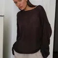 Elegant dark brown loose-knit sheer sweater with a classic round neck for women - XS / Tops / Coffee