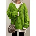 Maglione oversize donna verde brillante a trecce con scollo a V e vestibilità comoda - Verde erba