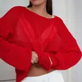 Sexy red hollow-out mesh knit sweater for women, loose crew neck see-through top. - XS / Tops / Red