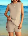 Close-up of woman wearing a chic beige sleeveless knit top and matching shorts set at beach - Khaki