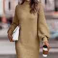 French retro slim-fit long knit sweater dress with mock neck and lantern sleeves - Earthy Yellow