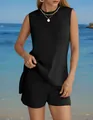Stylish black knit sleeveless top and shorts set for beach vacation and casual summer wear - S / Top And Bottom / Black