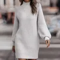 Elegant French retro slim grey turtleneck knit sweater dress with stylish lantern sleeves - White