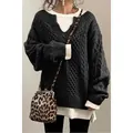 Maglione in maglia a trecce grigio scuro oversize con scollo a V per un look chic - Grigio scuro