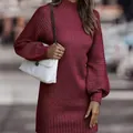 Elegant burgundy French-style slim fit knitted long sleeve sweater dress for autumn winter - Burgundy