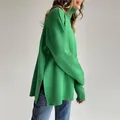 Women's oversized bright green turtleneck knit sweater with side slits for autumn winter - S / Tops / Verdant
