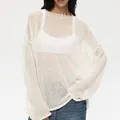 Pull en tricot blanc ample et transparent pour femme avec texture en maille et col rond - Abricot