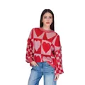 Dettaglio di un maglione di maglia largo con motivo a cuore rosso e collo rotondo spesso - Taglia S / Top / Rosso e Rosa