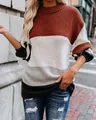 Detail of women's oversized color-block striped crew neck knitted sweater for autumn winter - Brick Red