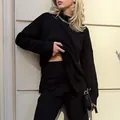 Stylish women's black loose high-neck knitted sweater and matching pants set for autumn - S / Tops / Black