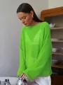 Pull en maille ajourée vert néon transparent et ample avec col rond élégant pour femme - Vert Herbe