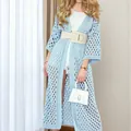 Elegant light blue long-sleeved crochet mesh beach cardigan cover-up for women - 1 / Tops / Light Blue
