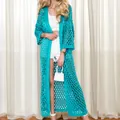 Stylish long turquoise crochet knit cardigan with hollow-out grid pattern for summer beachwear - 1 / Tops / Green