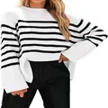 Detailed shot of a black and white horizontal striped knit sweater with loose sleeves. - S / Tops / White