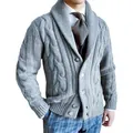 Close-up detail of a gray men's cable-knit cardigan with a sophisticated shawl collar - Light Blue