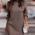 Elegant French style slim fit long knitted sweater dress in rich chocolate brown - Brown