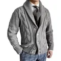 Macro detail of the grey men's cable knit texture and shawl collar on this stylish cardigan - Light Gray