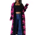 Elegant full-length pink and black geometric houndstooth knit cardigan on fashion model - S / Tops / Red & Black