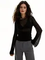 Vista dettagliata del maglione in maglia nera trasparente con scollo a girocollo chic - Taglia S / Top (SY831#) / Nero