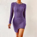 Purple cable-knit sweater dress with round neck and asymmetrical hem slim fit design - S / Purple