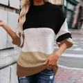 Women's casual loose color-blocked knit sweater with round neck and striped pattern - Black