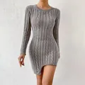 Elegant gray cable knit sweater dress featuring a slim fit silhouette and asymmetrical hem - S / Gray