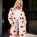 Cozy beige long cardigan with red heart pattern and large pockets for autumn - Apricot