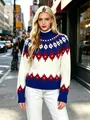 Dettaglio maglione jacquard Fair Isle a collo alto con motivi a rombi da donna - Taglia S / Top / Blu