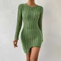 Green slim fit round neck cable knit mini dress featuring an asymmetric hemline - S / Green