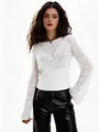 Vista dettagliata di un maglione in maglia bianca trasparente con trama traforata. - Taglia S / Top (SY831#) / Bianco