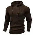 Detailed macro shot of men's textured waffle knit hooded sweater in dark brown color - S / Top (sy796#) / Coffee