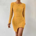Chic yellow slim-fit cable-knit long-sleeved mini dress with asymmetrical hemline - Earthy Yellow