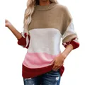 Womens fashion crew neck striped knit sweater oversized color block pullover jumper - S / Tops / Camel