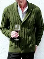 Detailed close-up of men's olive green cable knit shawl collar cardigan with buttons - M / Tops / Army Green