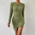 Elegant slim fit green cable knit crew neck mini sweater dress with asymmetrical hem - Army Green