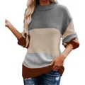 Cozy oversized color-block striped knit sweater with crew neck for women in autumn and winter - S / Tops / Gray