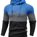 Detailed view of a textured color-block knit hoodie for men in blue, grey, and black colors - Sapphire Blue