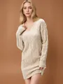 Detailed close-up view of the intricate cream cable knit pattern on a stylish V-neck dress - S / Tops / Apricot