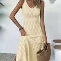 Sexy sleeveless yellow hollow-out crochet knit beach dress for summer resort vacation - One Size / Top And Bottom / Light Yellow