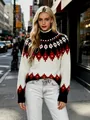 Maglione jacquard Fair Isle donna a collo alto con motivi a rombi rossi dettaglio - Taglia S / Top / Borgogna
