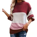 Oversized color-block striped knit sweater in burgundy and pink shades - S / Tops / Burgundy