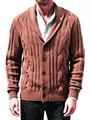 Detailed view of men's brown cable knit cardigan with shawl collar and buttons - Tan