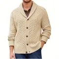 Close-up detail of a beige cable-knit cardigan for men with brown buttons - Apricot