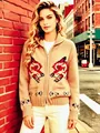 Full view of vintage knit cardigan showing red wolf jacquard and zip front details. - XS / Tops / Camel