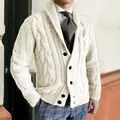 Elegant men's cream cable-knit shawl collar cardigan sweater jacket for autumn and winter. - Ivory
