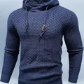 Men's navy blue hooded knit sweater with textured grid pattern and drawstring - Navy Blue