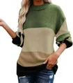 Women's loose color block knit sweater with army green striped design and round neck - S / Tops / Green