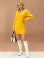 Stylish yellow cable-knit V-neck sweater dress with long sleeves in a western style. - S / Tops / Turmeric