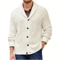 Detailed view of a men's business cream cable-knit shawl collar cardigan with buttons - Milky White