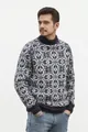 Vue détaillée d'un pull jacquard rétro pour homme avec motifs géométriques et finitions - Gris foncé